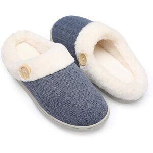 👑Women's Navy Anti-Skid Faux Fur Lined Comfort Closed Toe Slip-On Slippers